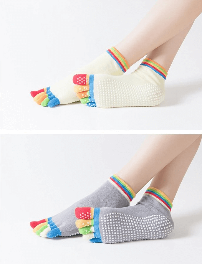 Women's sports five-toe socks in colorful design, featuring non-slip soles and quick-drying material, perfect for yoga and fitness.